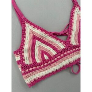 Forever 21 Pink Crochet Bralette Top Striped Boho Festival Knit Medium